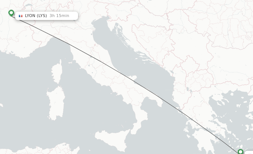 Flights from Thira to Lyon route map