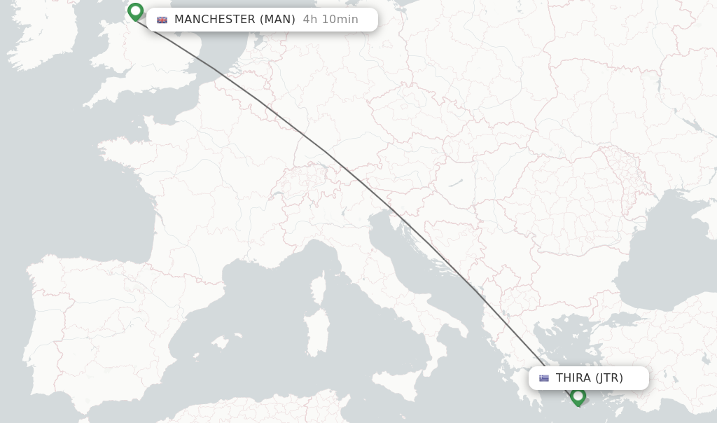 Flights from Thira to Manchester route map