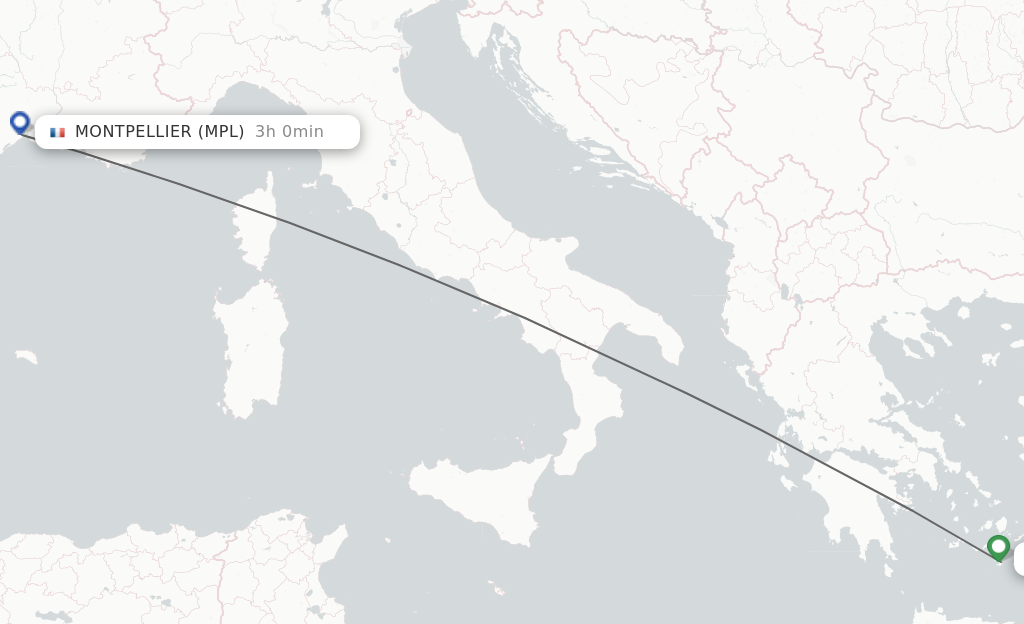 Flights from Thira to Montpellier route map