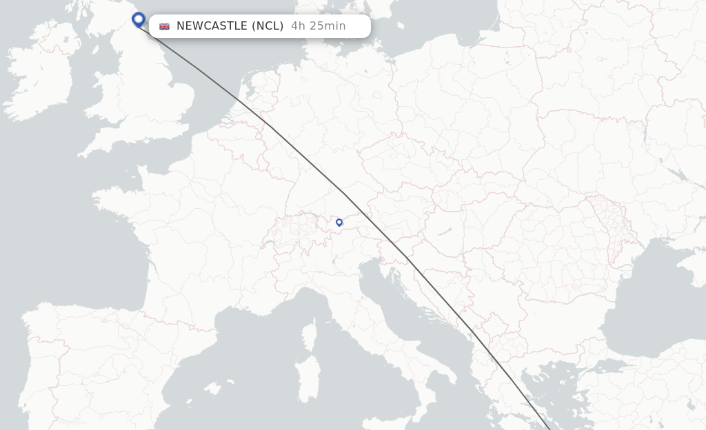 Flights from Thira to Newcastle route map
