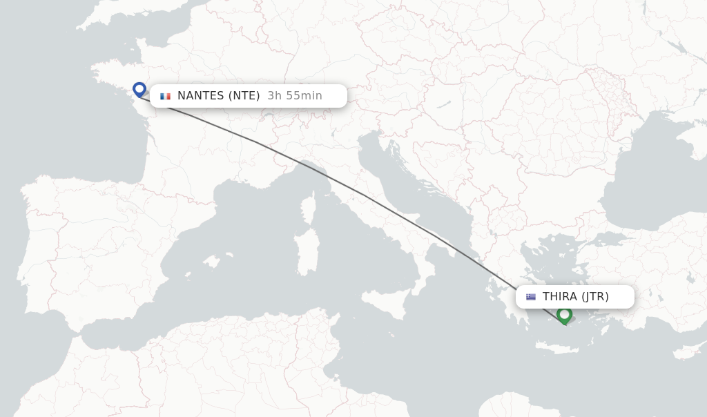 Flights from Thira to Nantes route map