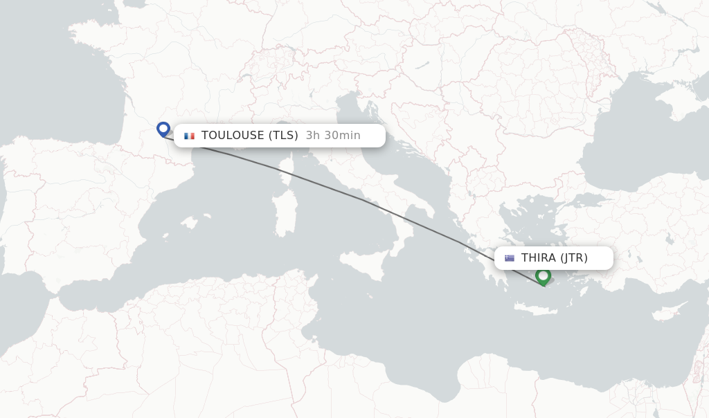 Flights from Thira to Toulouse route map