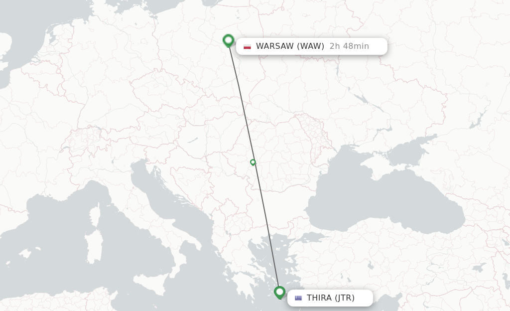 Flights from Thira to Warsaw route map