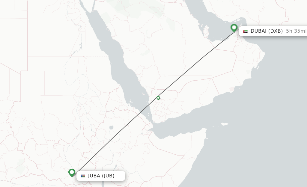 Flights from Juba to Dubai route map