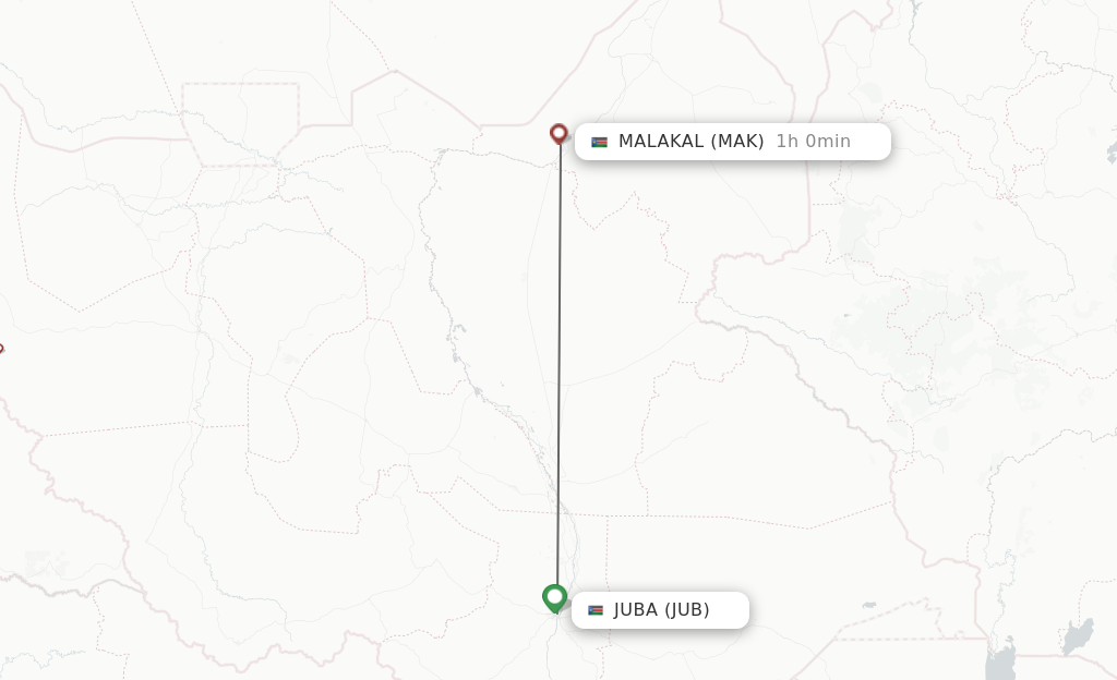 Flights from Juba to Malakal route map
