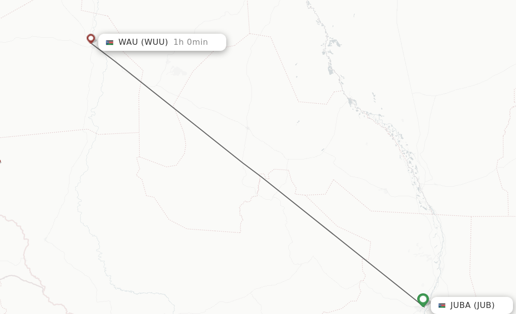 Flights from Juba to Wau route map
