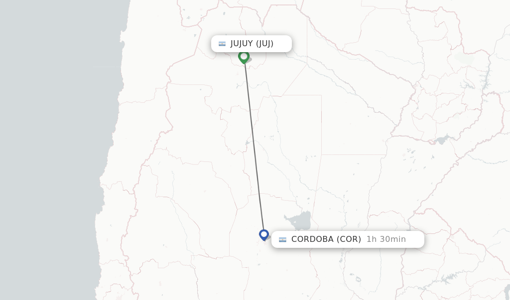 Flights from Jujuy to Cordoba route map