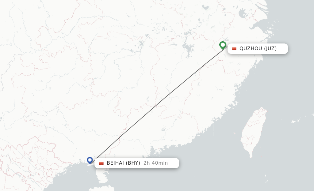 Flights from Quzhou, Zhejiang Province to Beihai route map