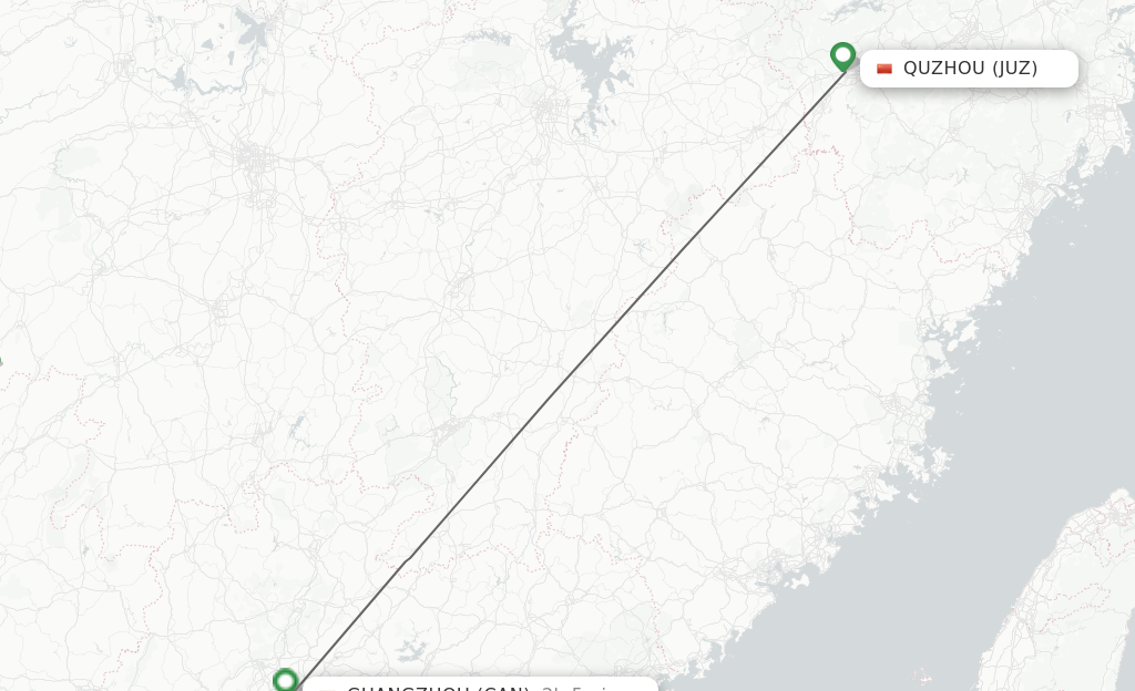 Flights from Quzhou, Zhejiang Province to Guangzhou route map