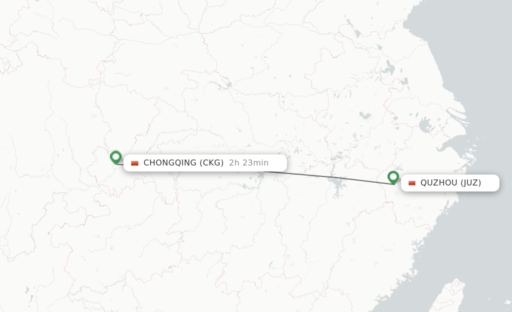 Flights from Quzhou, Zhejiang Province to Chongqing route map