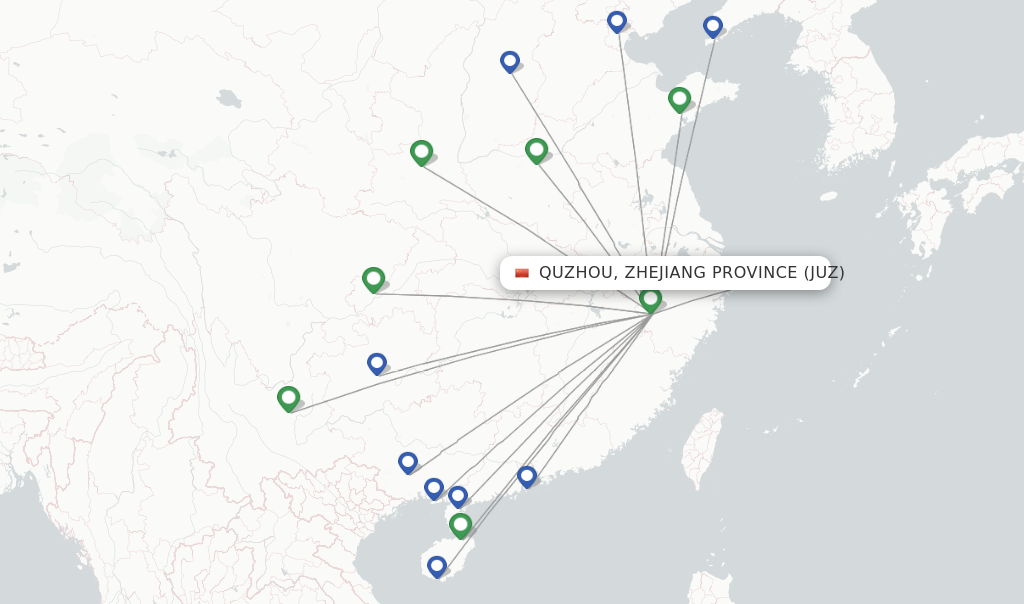 Route map with flights from Quzhou, Zhejiang Province with Gestair