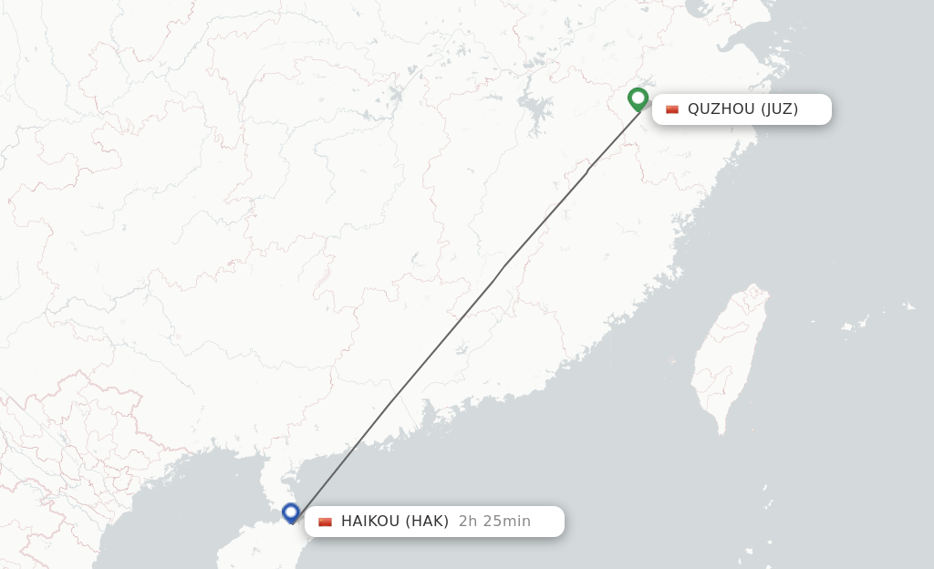 Flights from Quzhou, Zhejiang Province to Haikou route map
