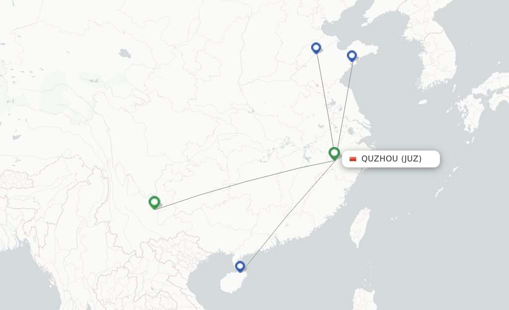Route map with flights from Quzhou, Zhejiang Province with Shandong Airlines