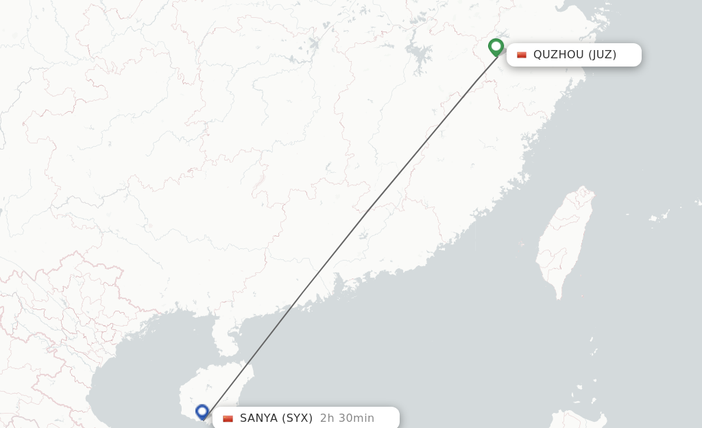 Flights from Quzhou, Zhejiang Province to Sanya route map