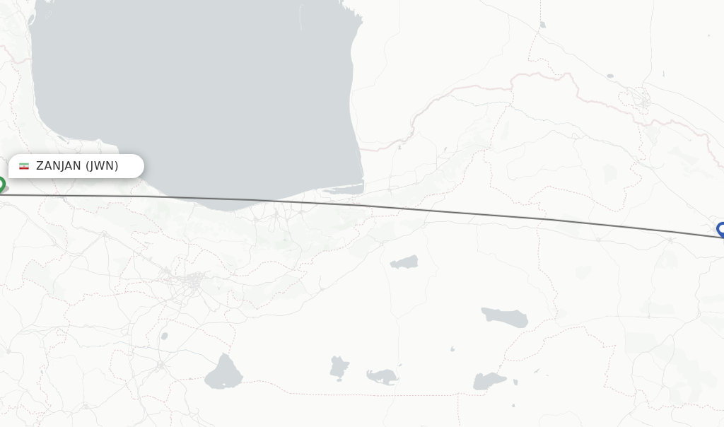 Flights from Zanjan to Mashad route map