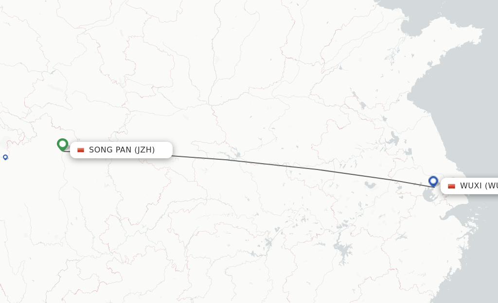 Flights from Song Pan to Wuxi route map