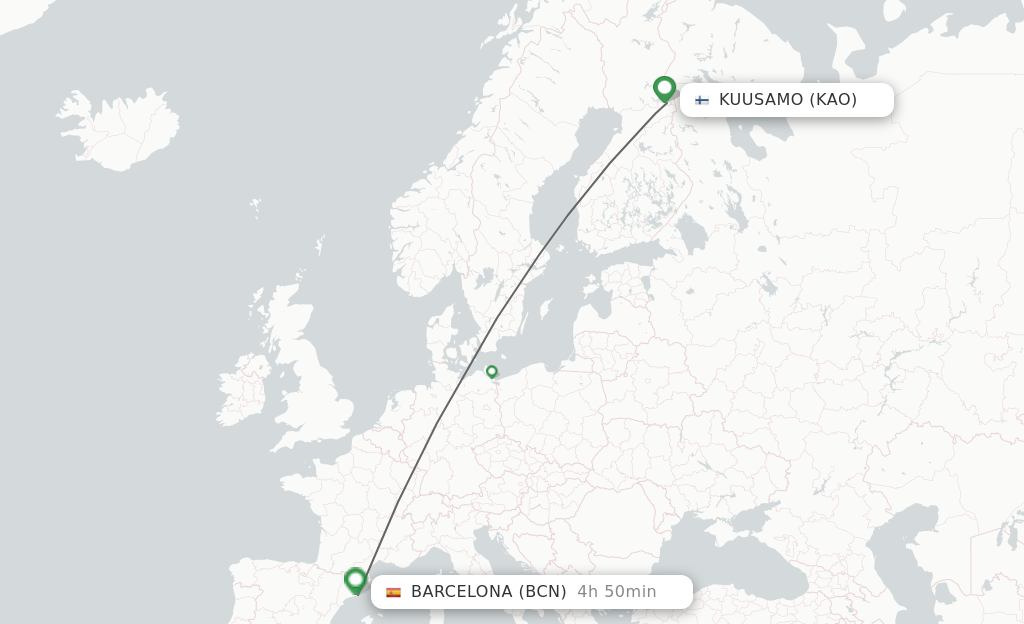 Flights from Kuusamo to Barcelona route map