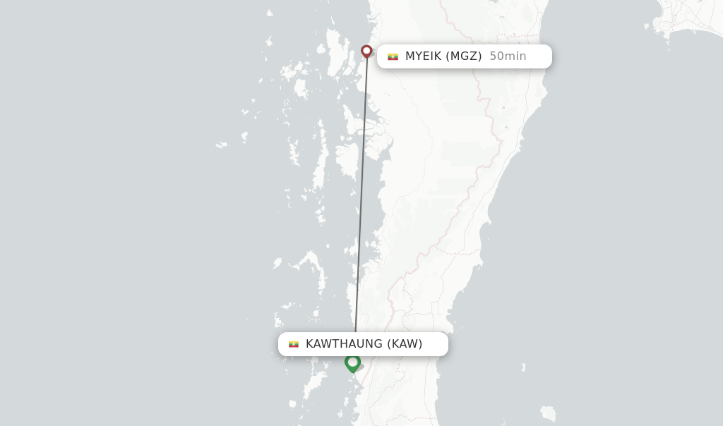 Flights from Kawthaung to Myeik route map