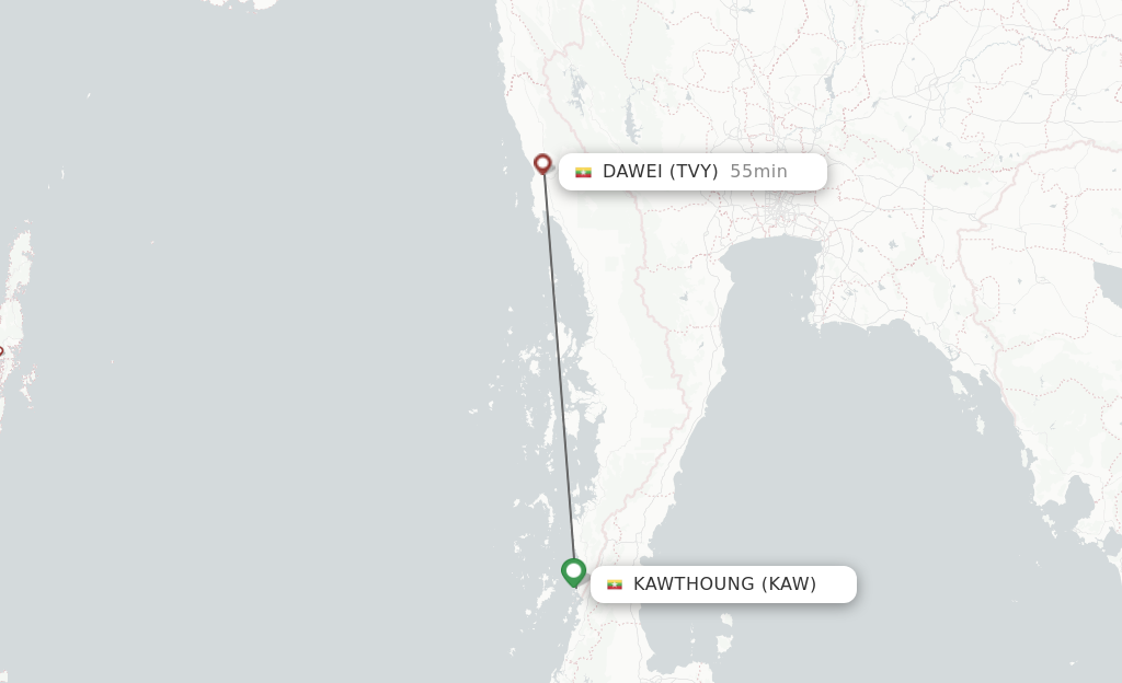 Flights from Kawthaung to Dawe route map