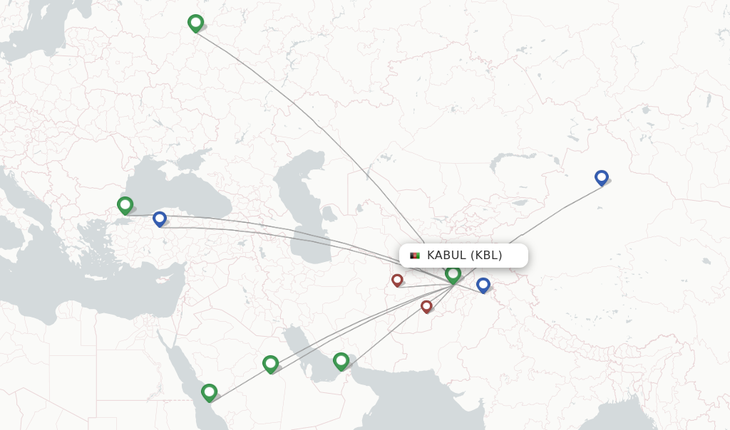 Route map with flights from Kabul with Ariana