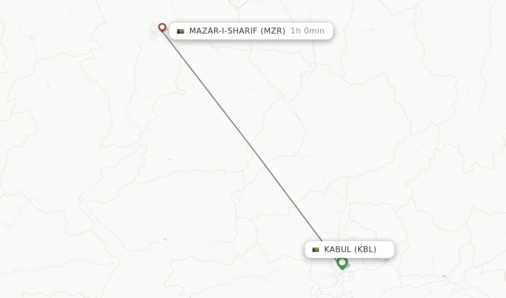 Flights from Kabul to Mazar-I-Sharif route map