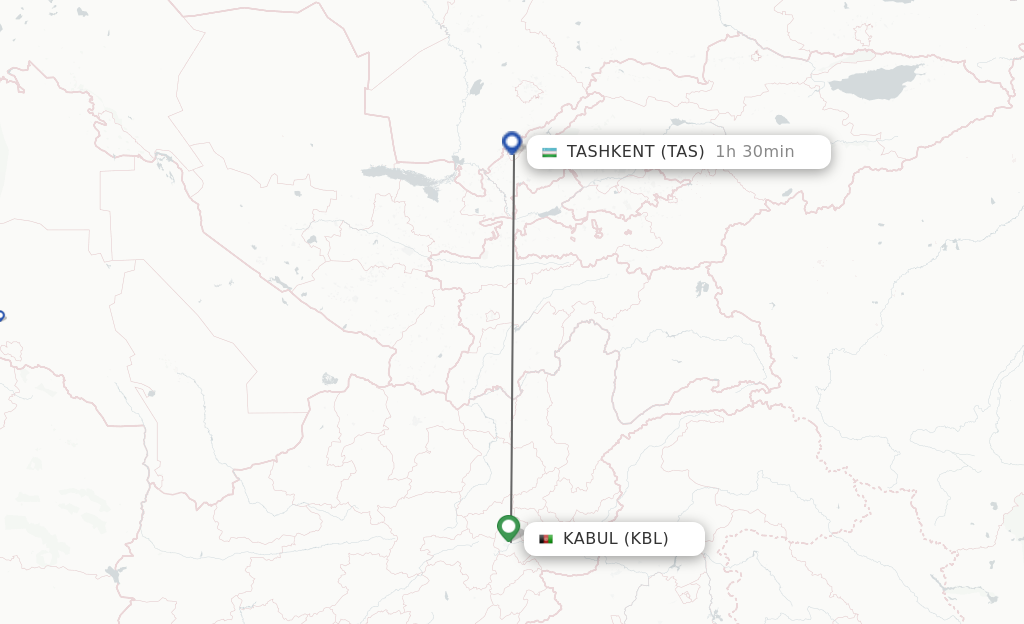 Flights from Kabul to Tashkent route map
