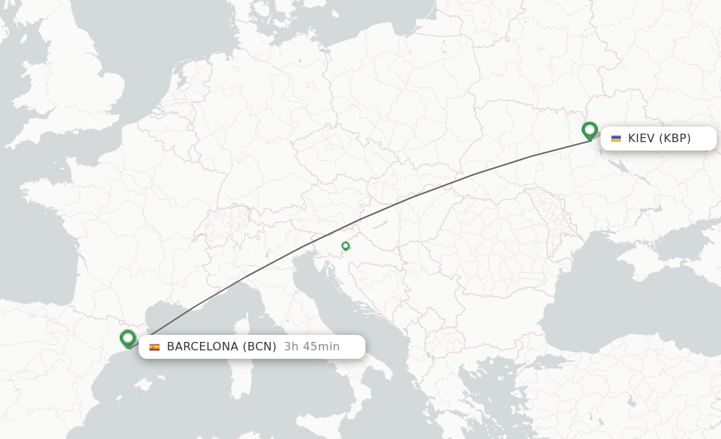 Flights from Kiev/Kyiv to Barcelona route map