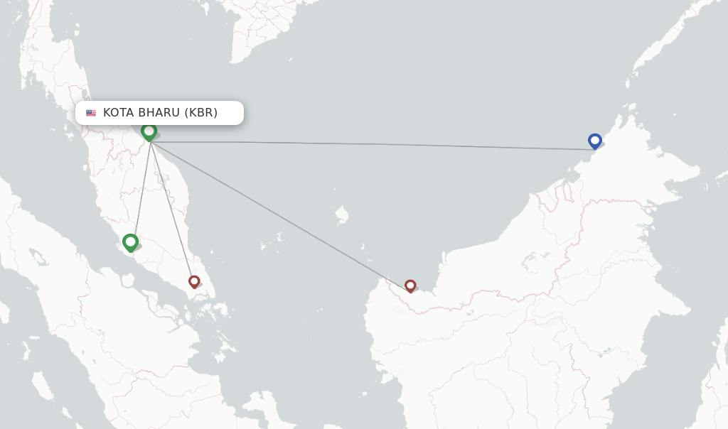 Route map with flights from Kota Bharu with AirAsia