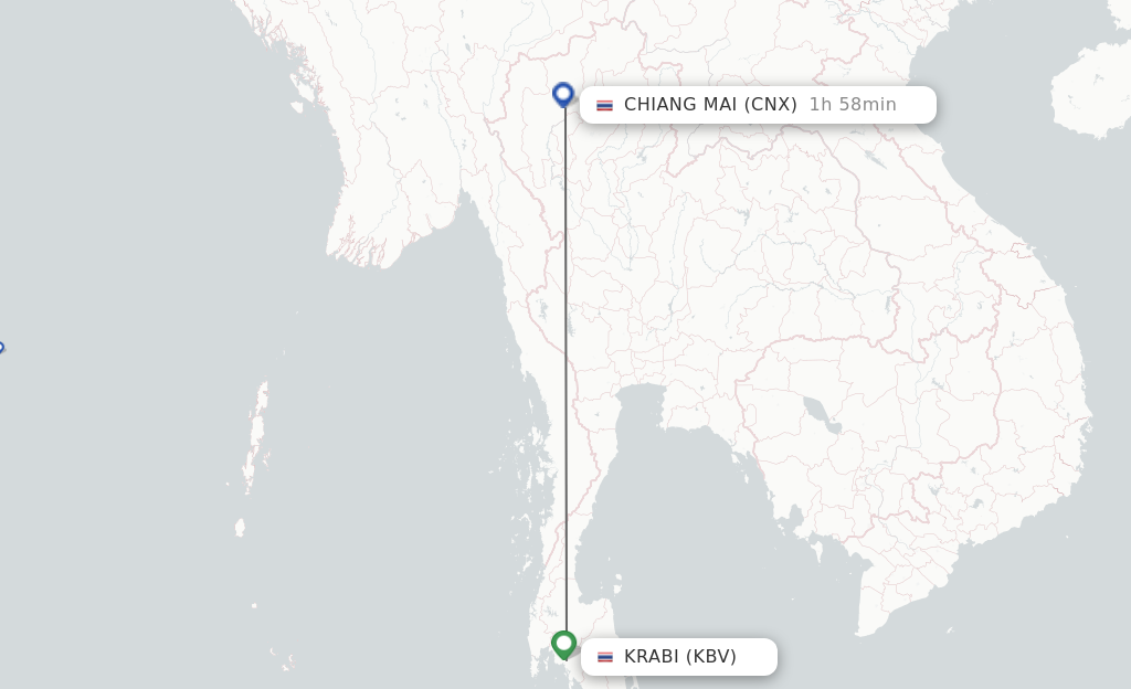 Flights from Krabi to Chiang Mai route map