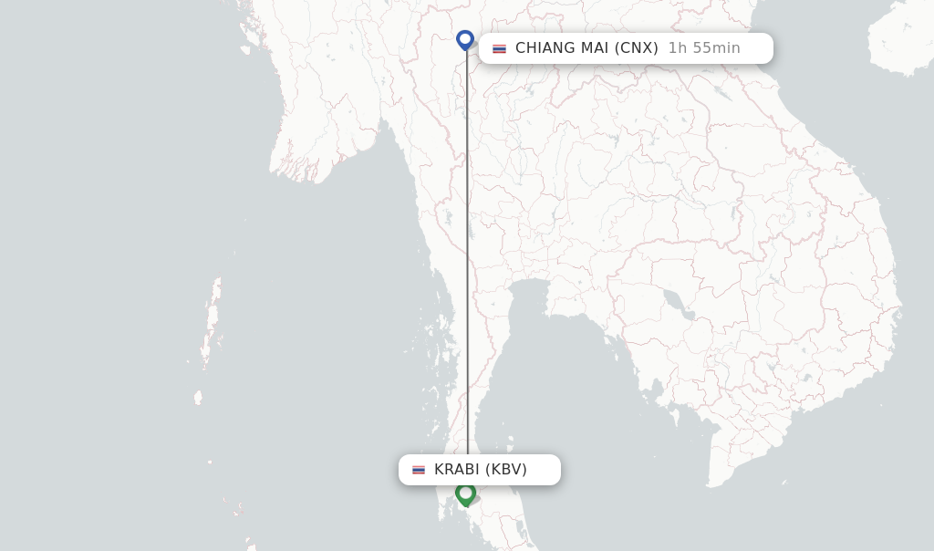 Flights from Krabi to Chiang Mai route map