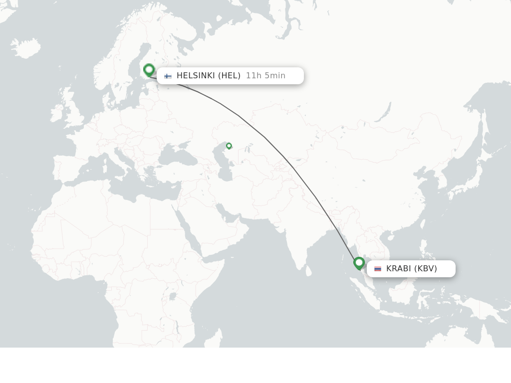 Flights from Krabi to Helsinki route map
