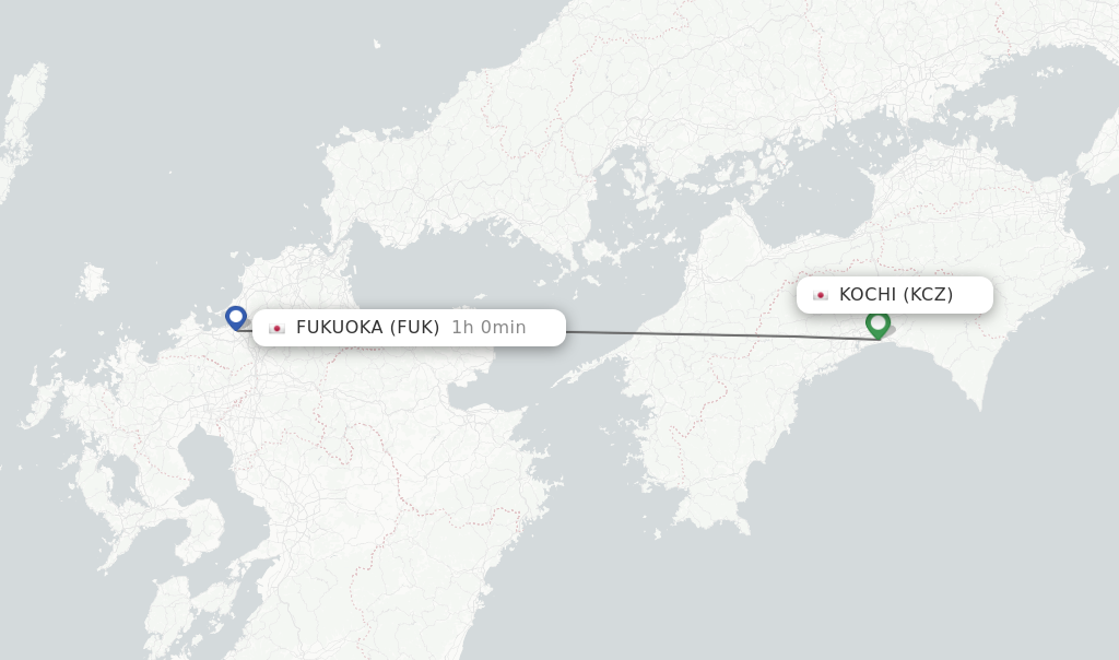Flights from Kochi to Fukuoka route map