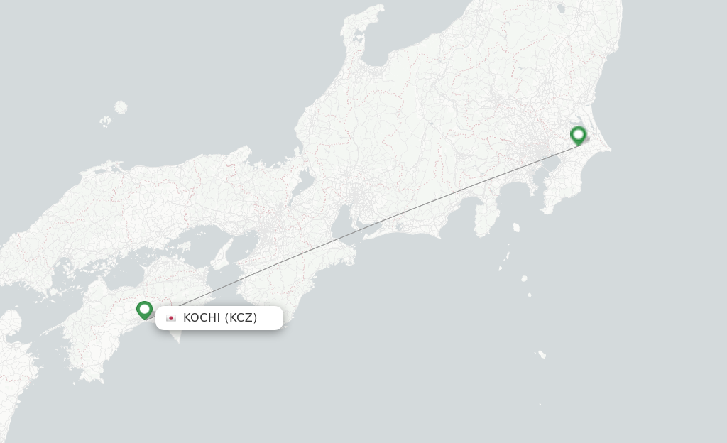 Route map with flights from Kochi with Jetstar Japan