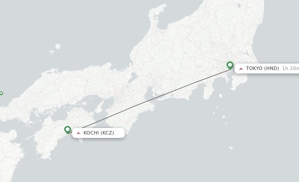 Flights from Kochi to Tokyo route map