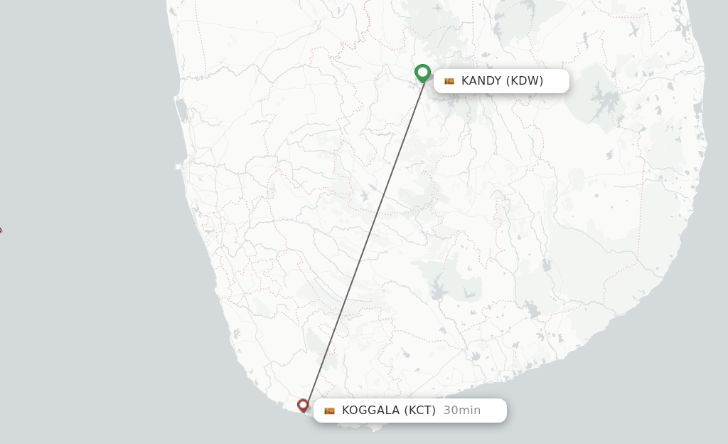 Flights from Kandy to Koggala route map