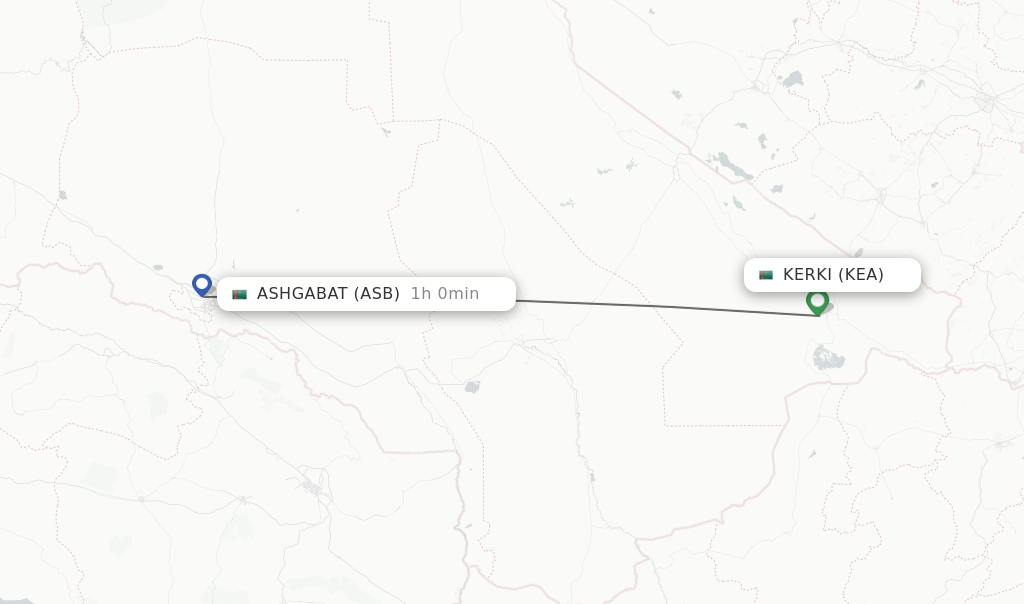 Flights from Ashgabat to Kerki route map