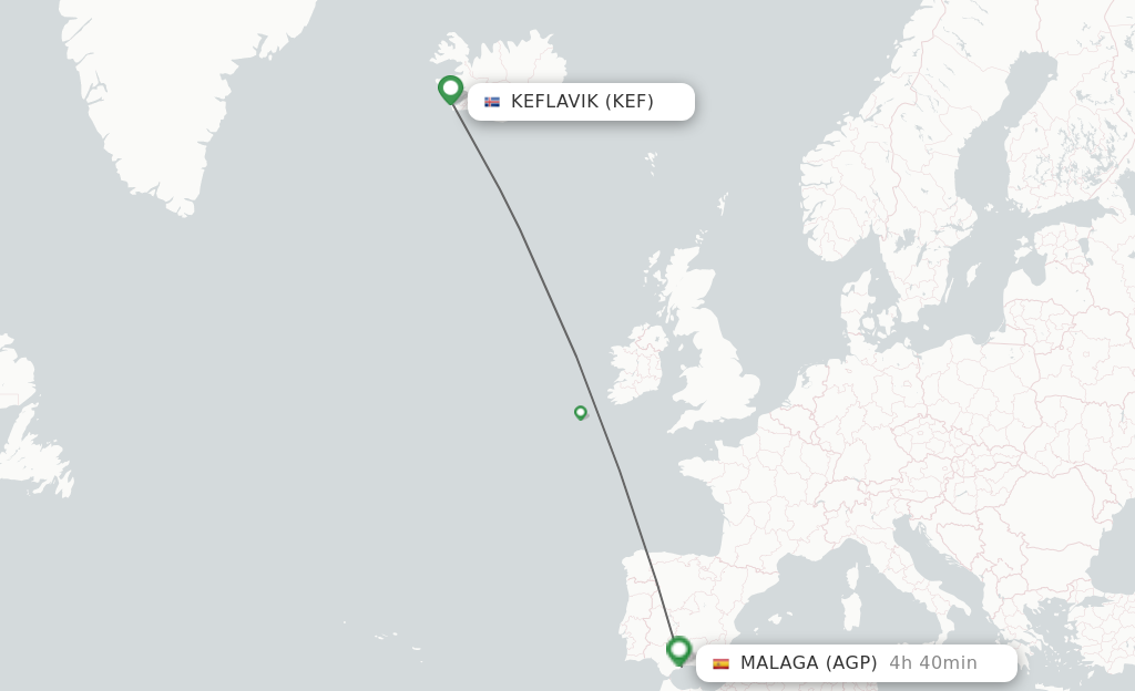 Flights from Reykjavik to Malaga route map