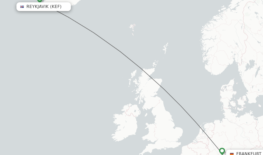 Flights from Reykjavik to Frankfurt route map