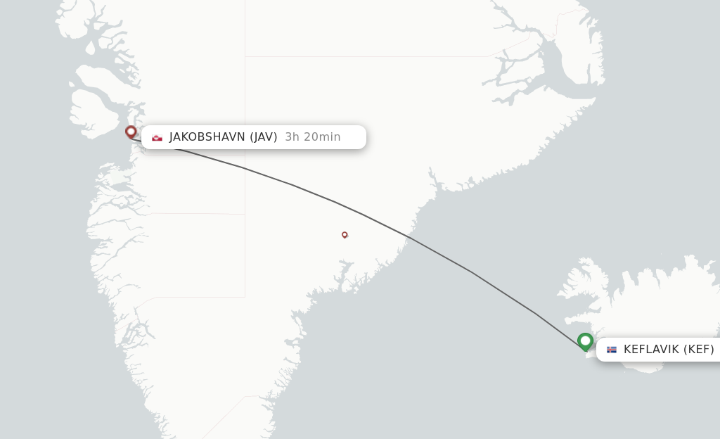 Flights from Reykjavik to Ilulissat route map