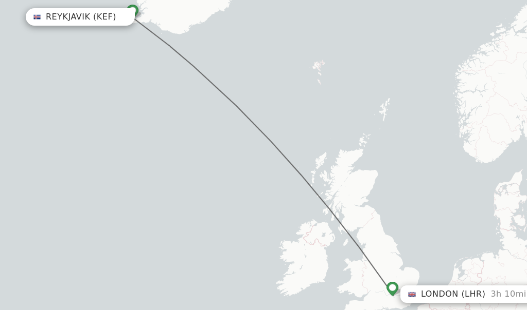 Flights from Reykjavik to London route map