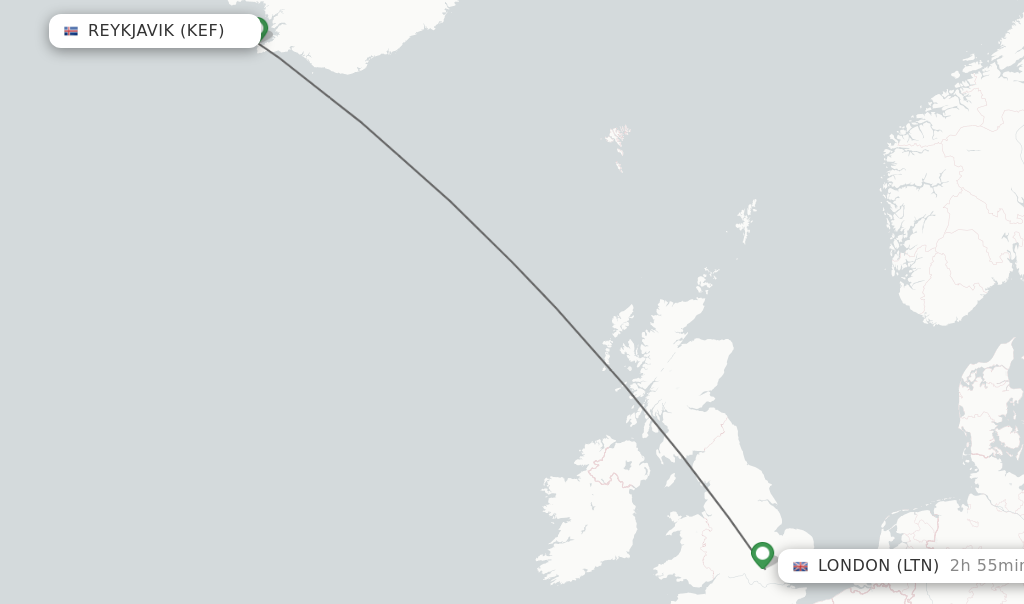 Flights from Reykjavik to London route map