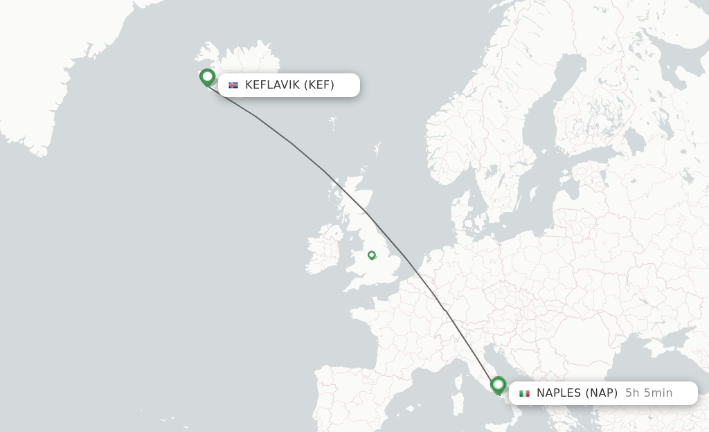 Flights from Reykjavik to Naples route map