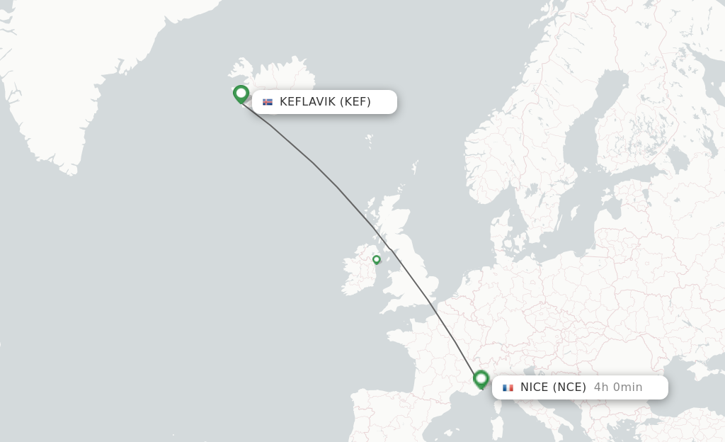 Flights from Reykjavik to Nice route map