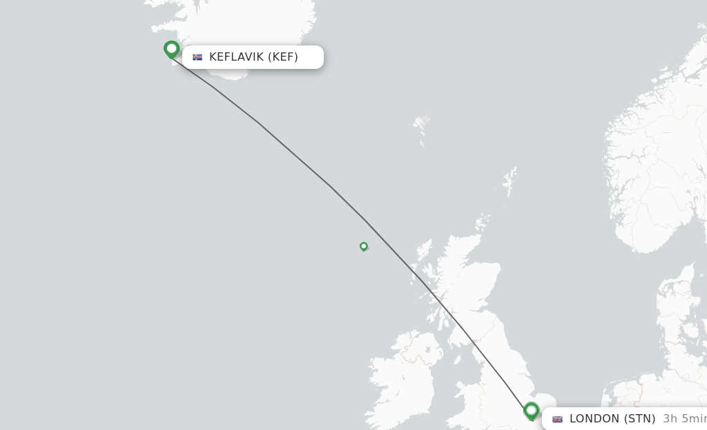 Flights from Reykjavik to London route map