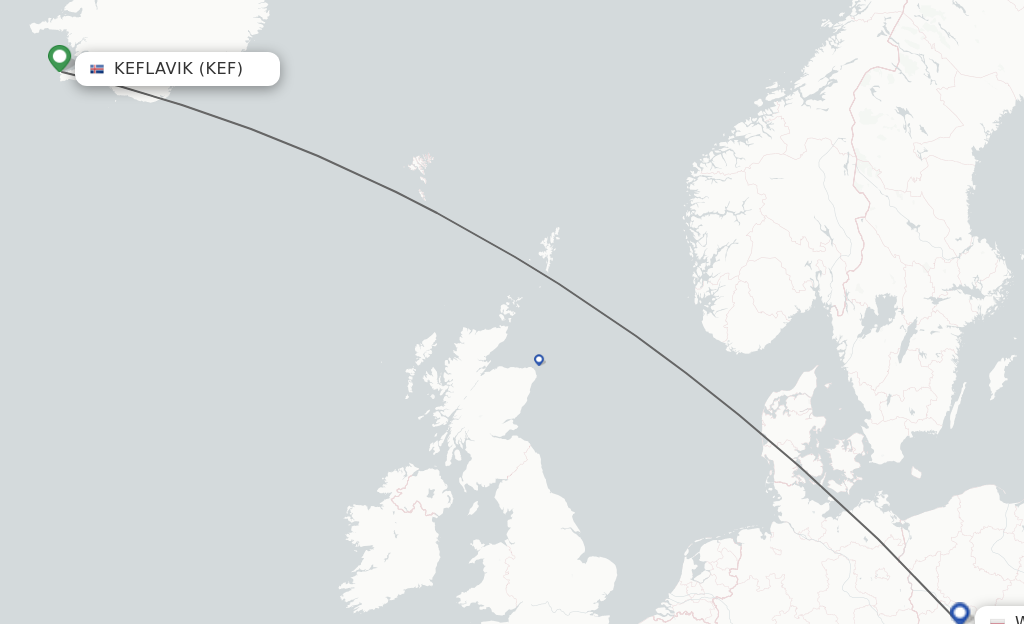 Flights from Reykjavik to Wroclaw route map
