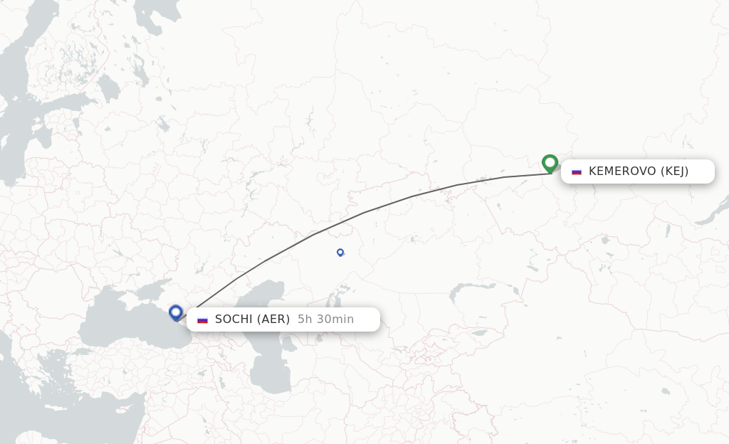 Flights from Kemerovo to Adler/Sochi route map