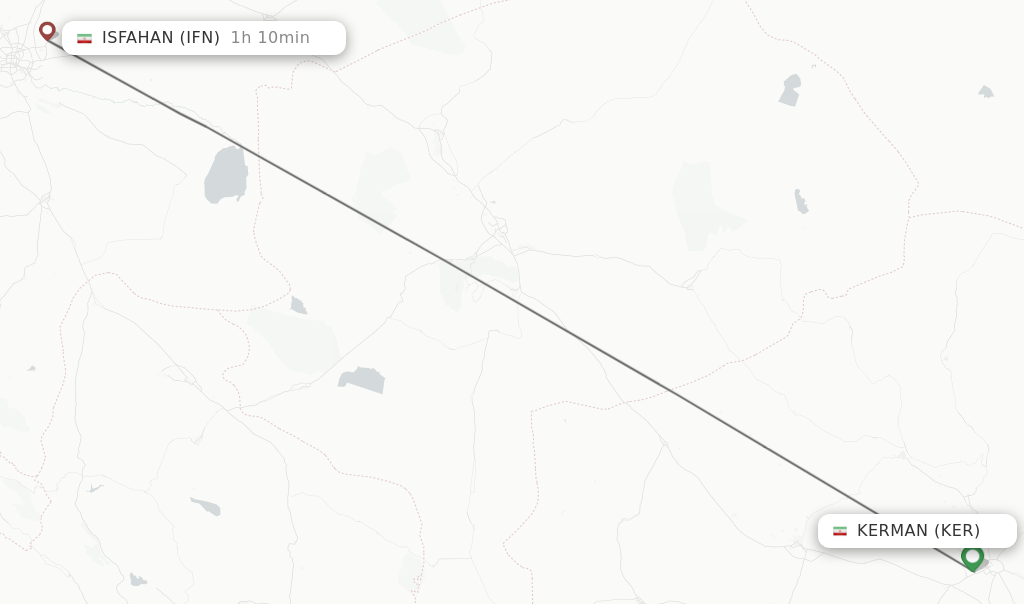 Flights from Kerman to Isfahan route map