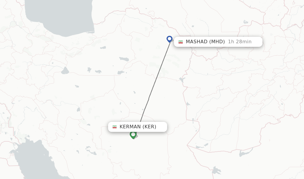Flights from Kerman to Mashad route map