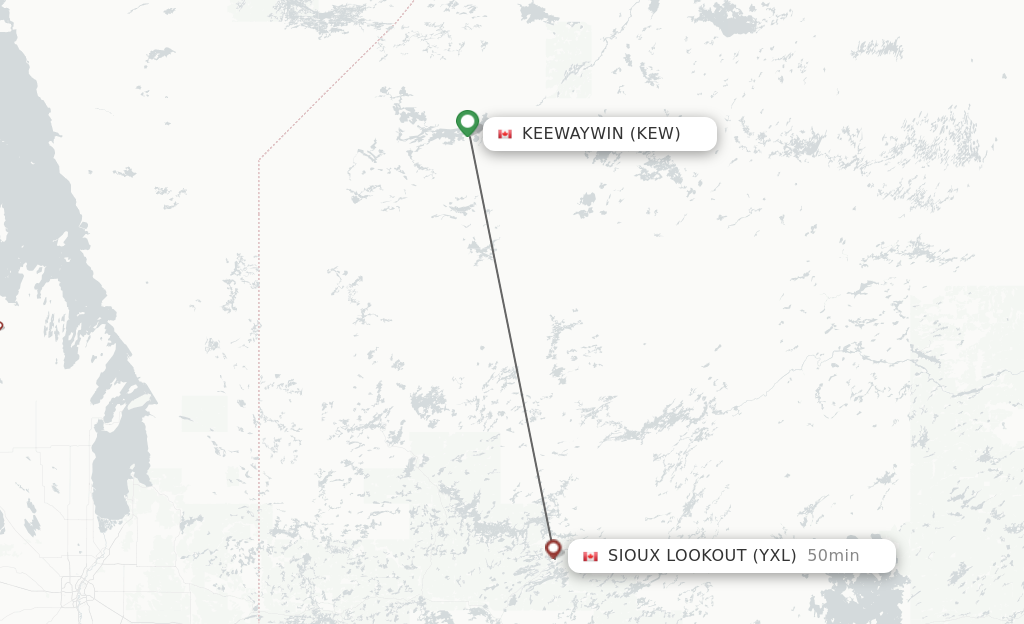 Flights from Keewaywin to Sioux Lookout route map
