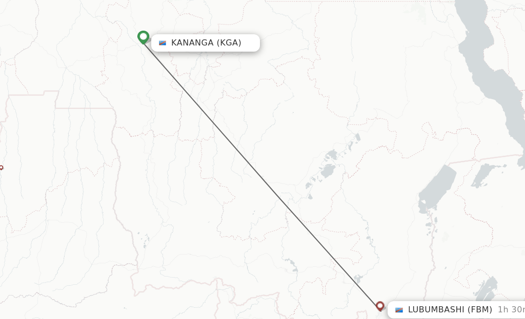 Flights from Kananga to Lubumbashi route map